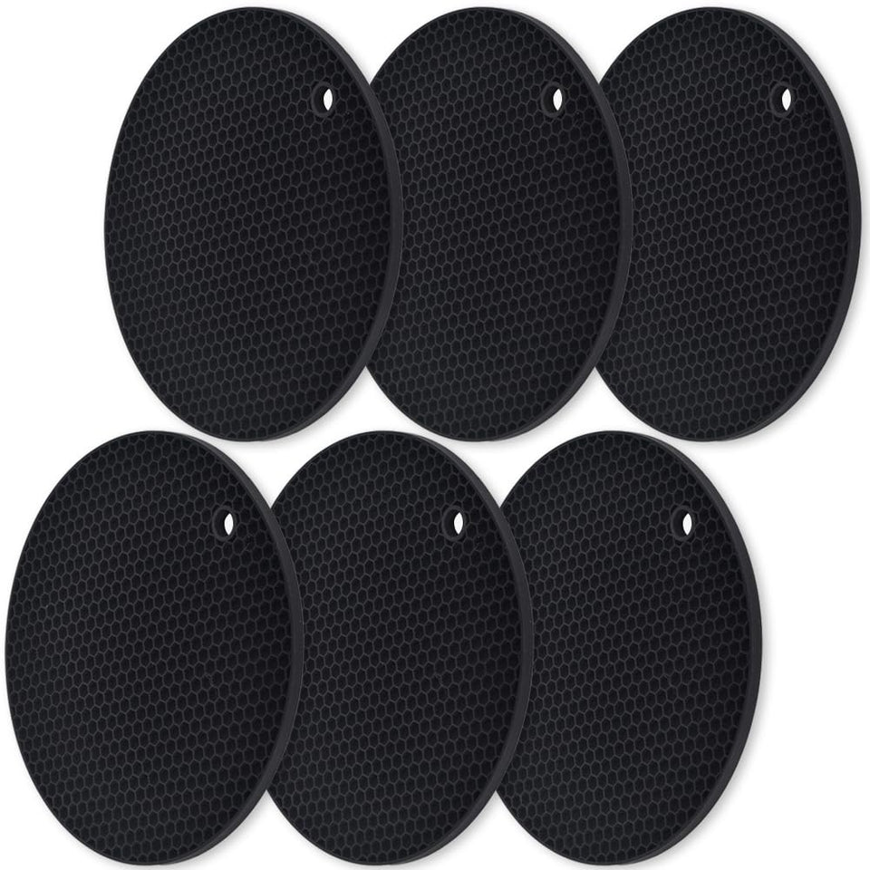 HomEdge silicone round trivet, 6-pack, black, honeycomb surface for heat protection