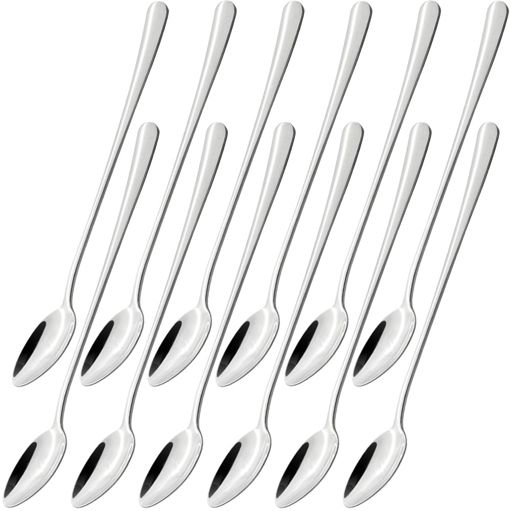 homEdge stainless steel long handle spoon showing 8.3-inch reach for tall glasses.
