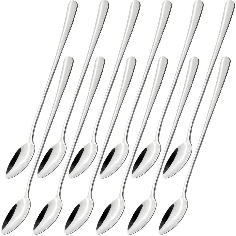 homEdge stainless steel long handle spoon showing 8.3-inch reach for tall glasses.