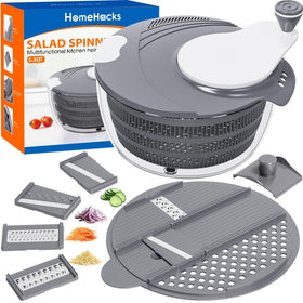 HomeHacks salad spinner lid closed demonstrating secure lock for mess-free washing.