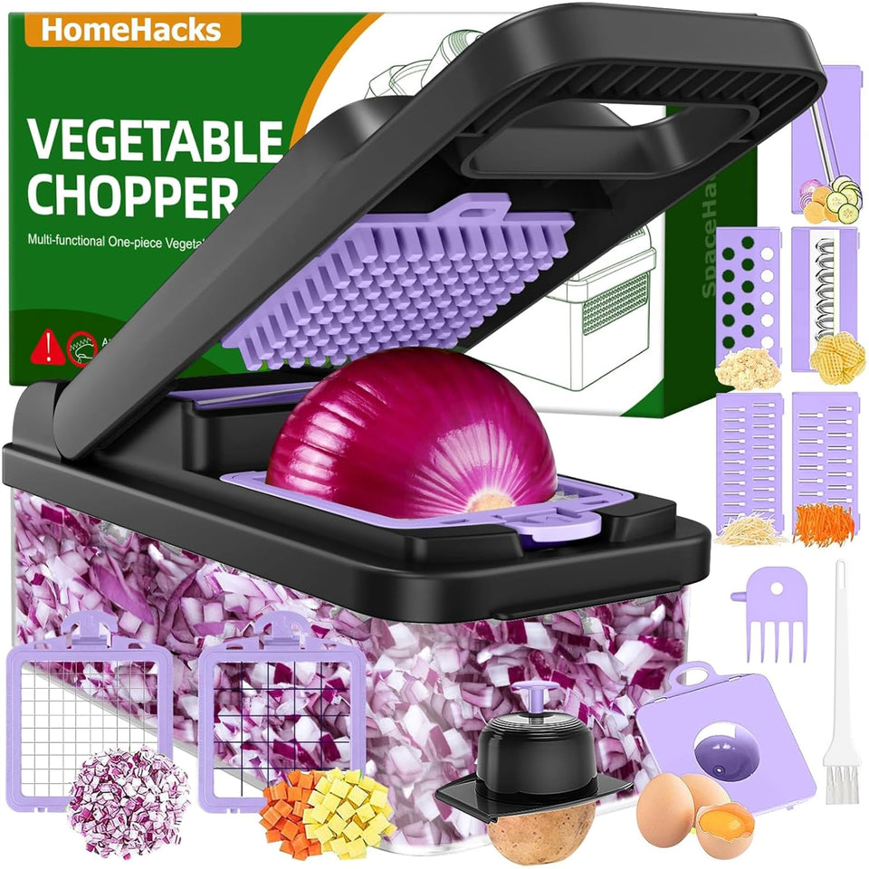 HomeHacks vegetable chopper front view shows 12-in-1 versatility for quick meal prep.