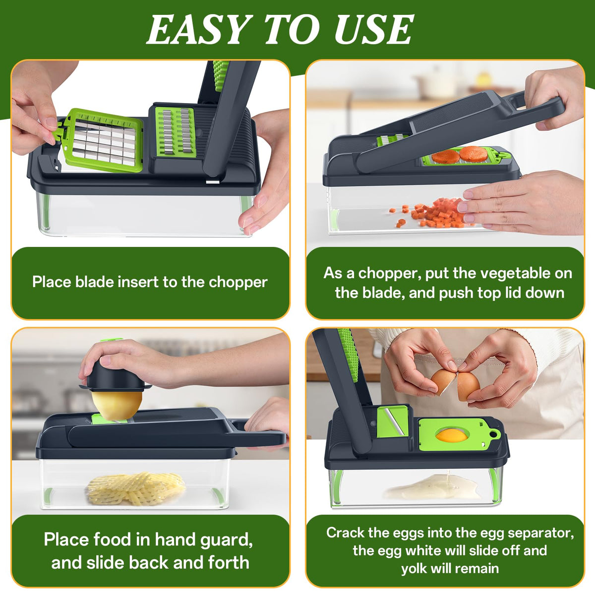HomeHacks interchangeable blades cover slicing, grating, julienne, and egg separation.