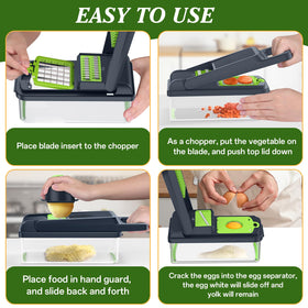 HomeHacks interchangeable blades cover slicing, grating, julienne, and egg separation.
