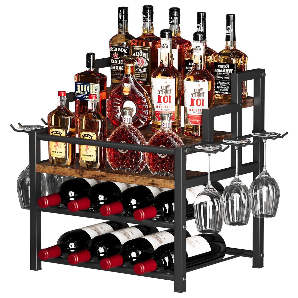 Homeiju 5-Tier liquor display front view organizes bottles for easy access.
