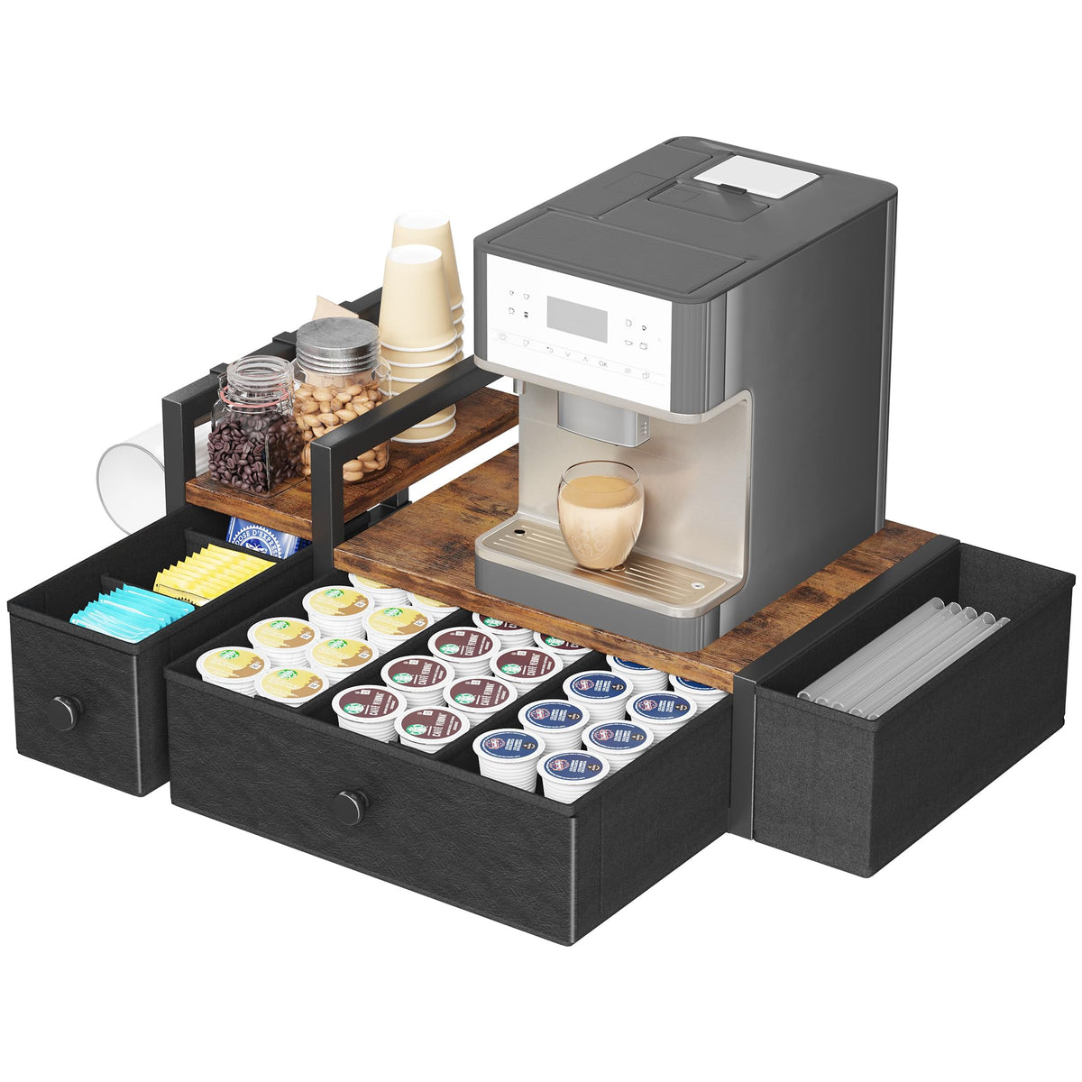 Homeiju coffee pod drawers demonstrate 52-capacity storage for quick flavor selection