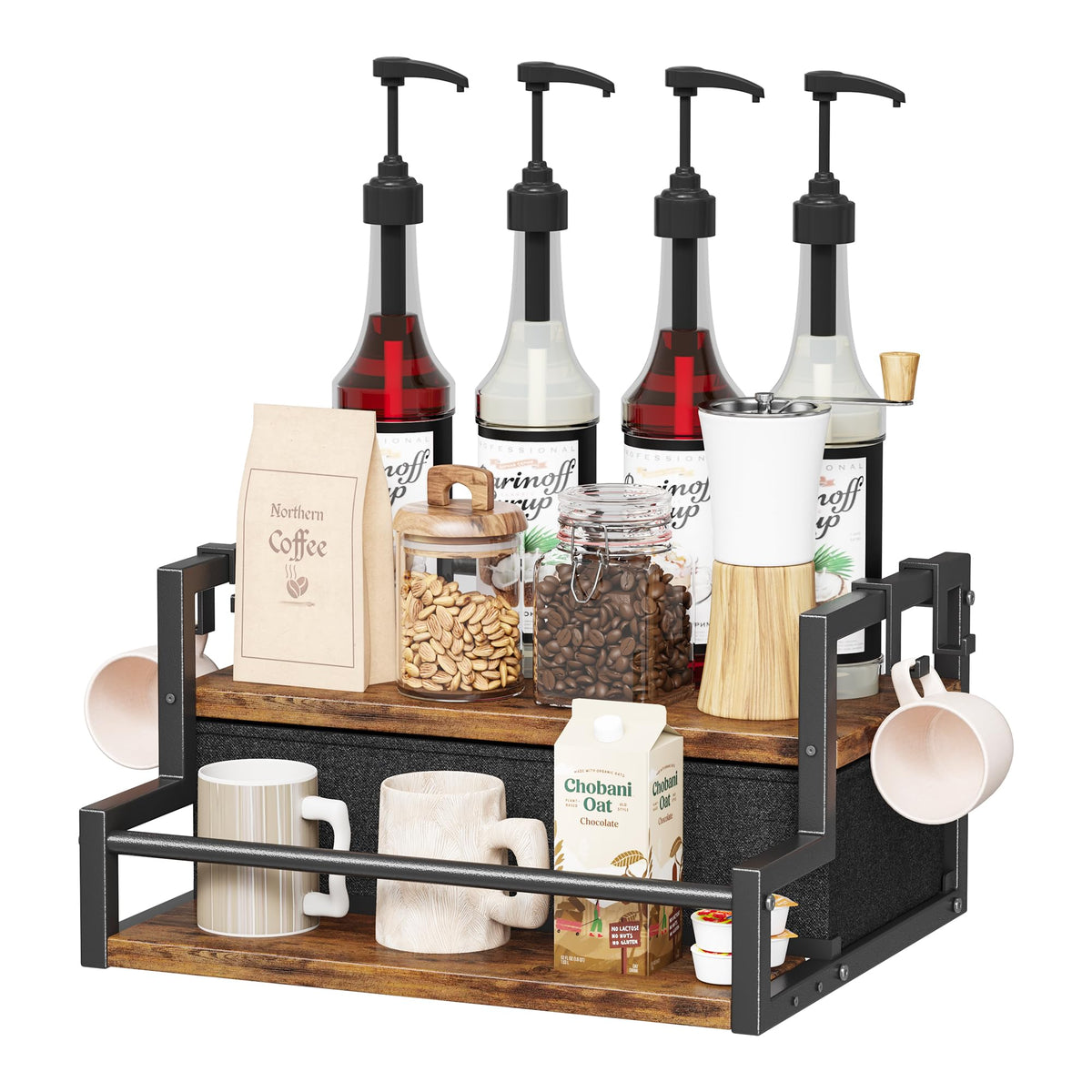 Homeiju coffee syrup organizer rack, 2-tier design, keeps bottles neatly organized.