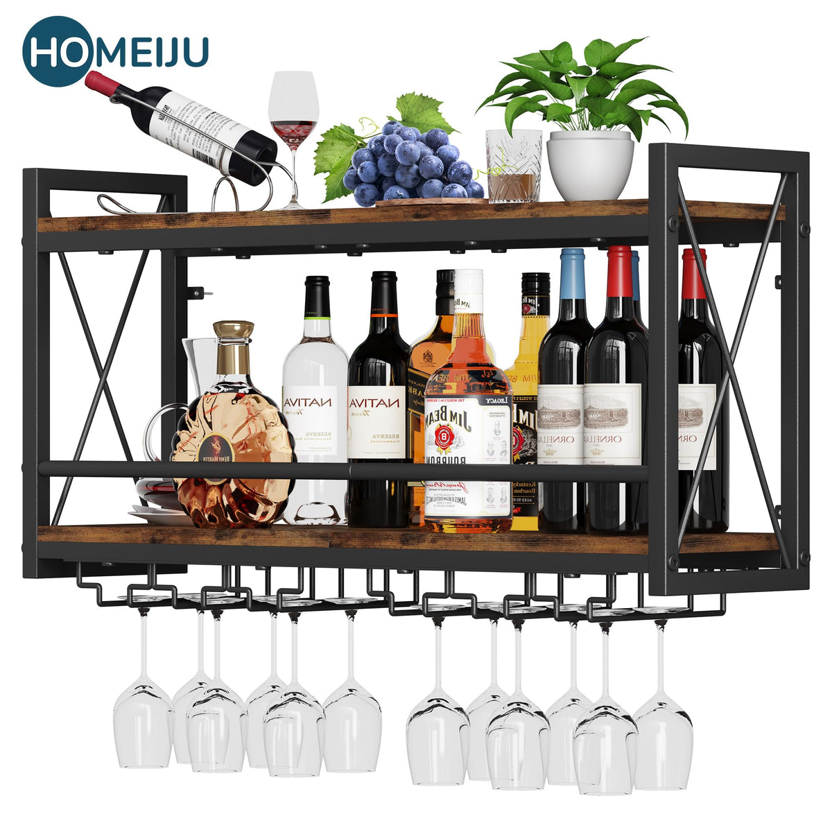 Homeiju industrial vintage rack elevates spaces with bottle display.