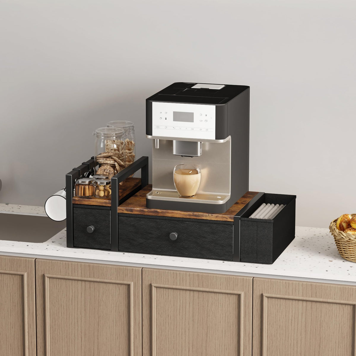 Homeiju left-side storage for beans and extra cups complements the drawer