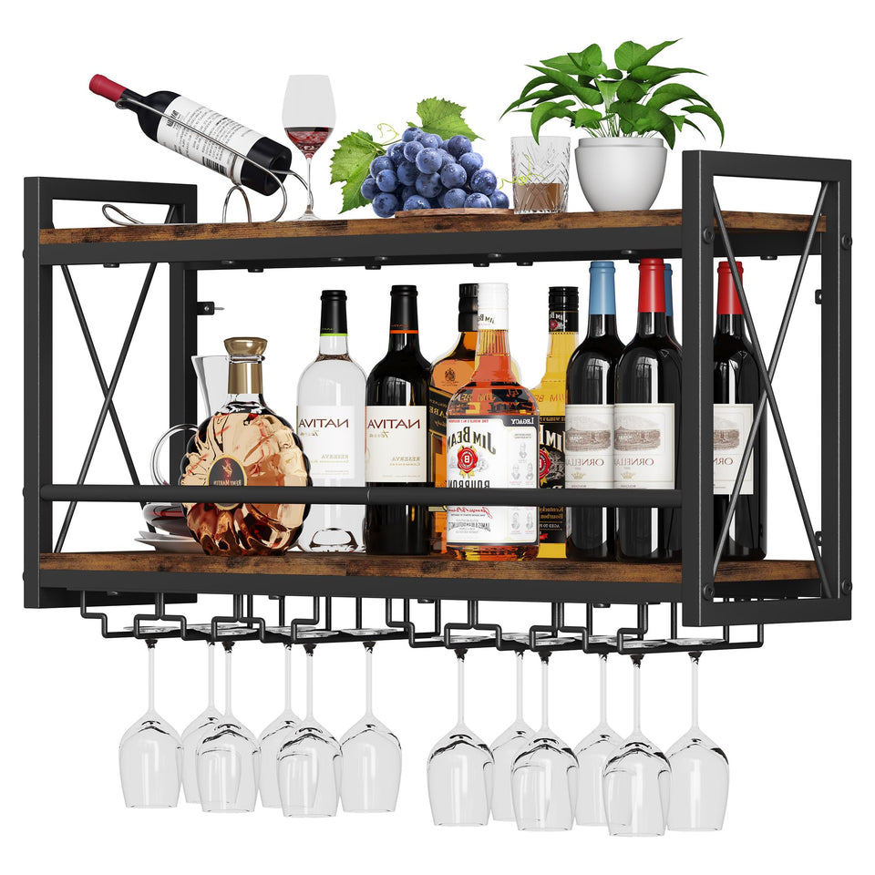 Homeiju wall-mounted wine rack bottle display saves counter space.