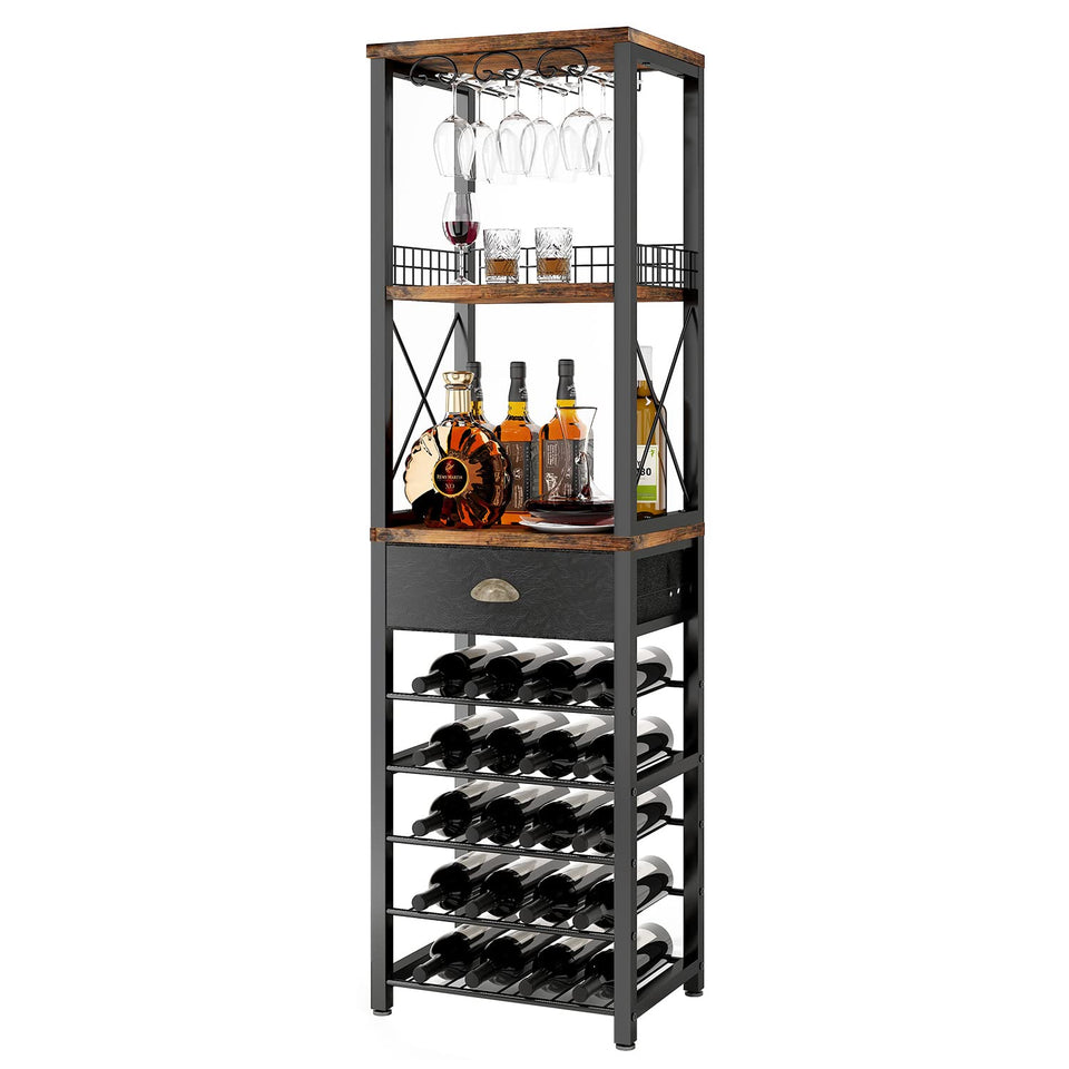 Homeiju 4-tier wine rack front view showing sturdy bottle and glass storage