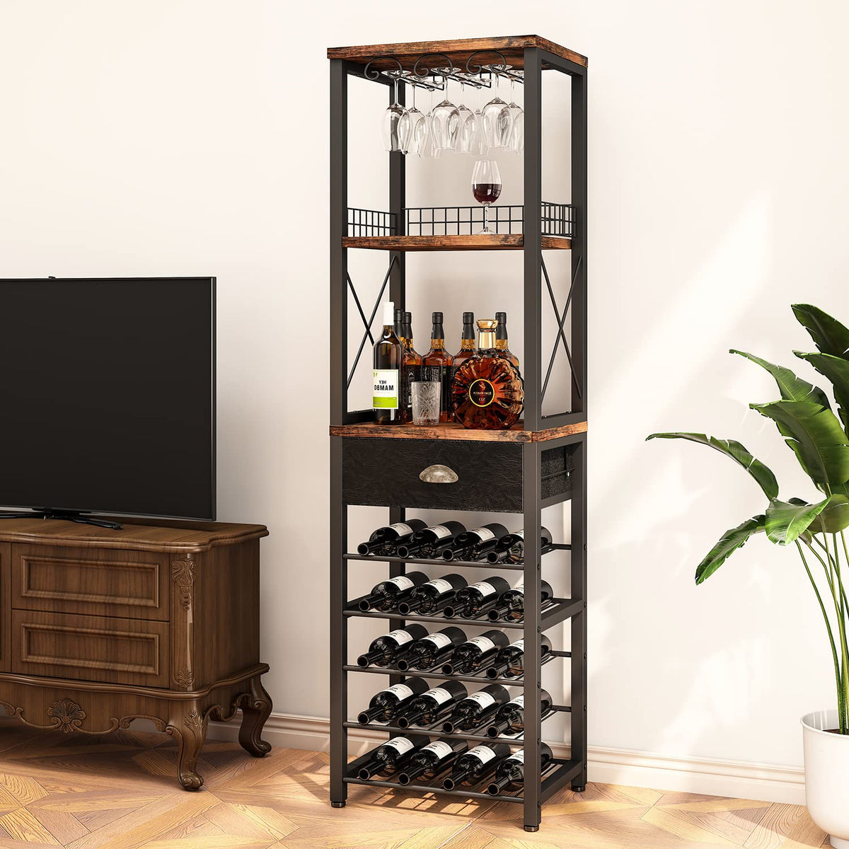 Homeiju wine rack drawer detail highlights dustproof leather storage for small tools
