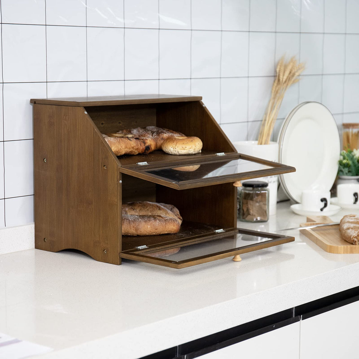HOMEKOKO bamboo bread box interior view holding two loaves neatly