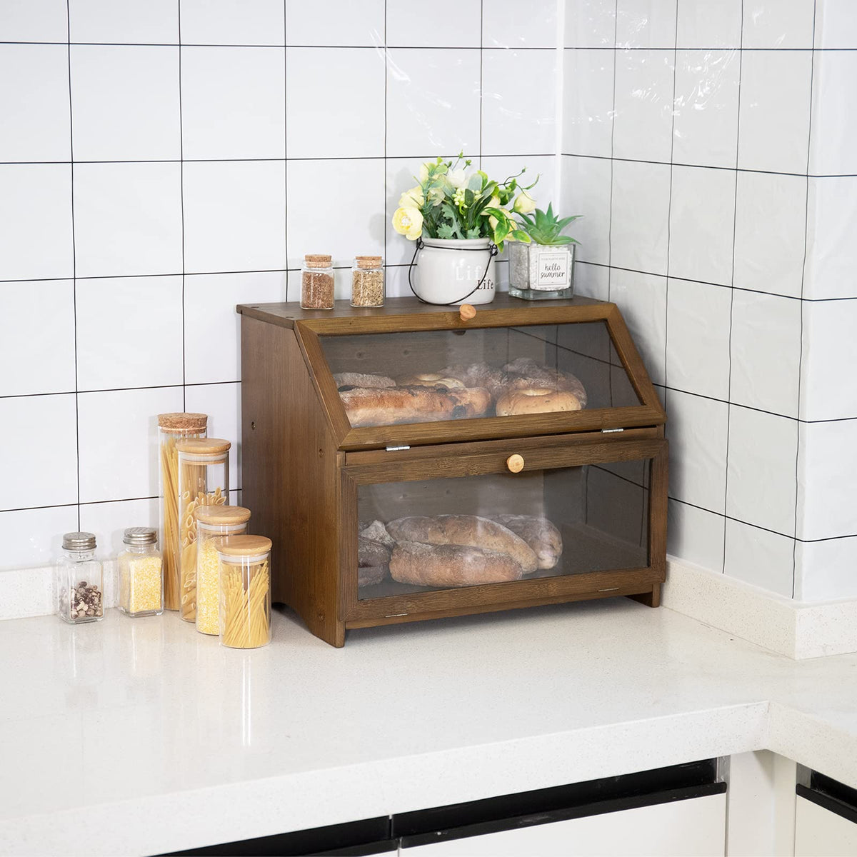 HOMEKOKO countertop bread box on display with rustic kitchen decor