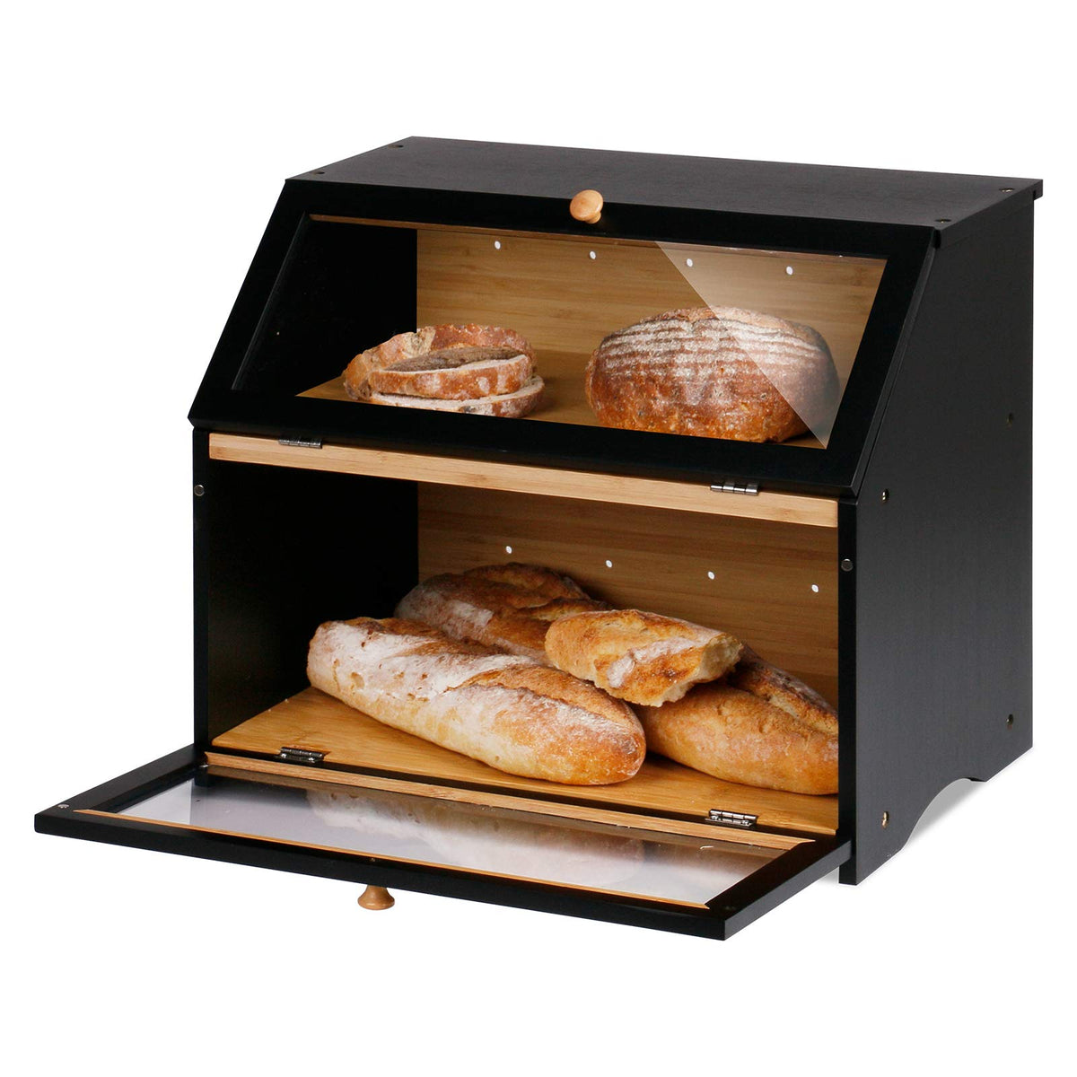 HOMEKOKO bread box interior view showing two loaves stored neatly and accessibly.
