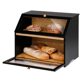 HOMEKOKO bread box interior view showing two loaves stored neatly and accessibly.