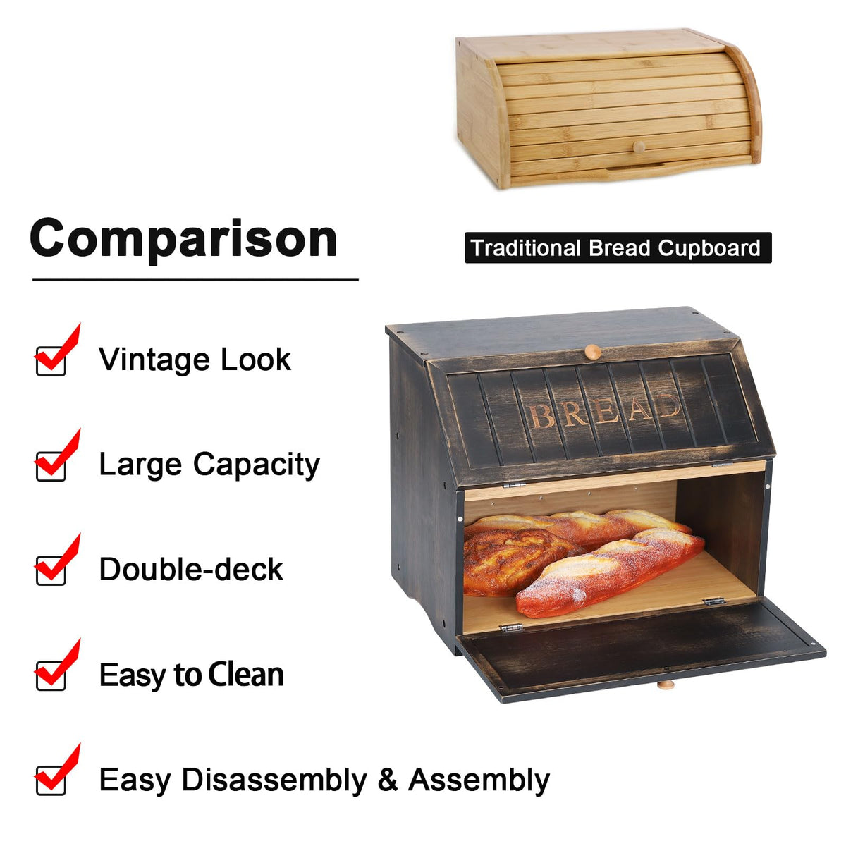 HOMEKOKO retro black bamboo bread box on a kitchen counter