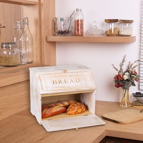 HOMEKOKO bread box interior showing two layers for multiple loaves