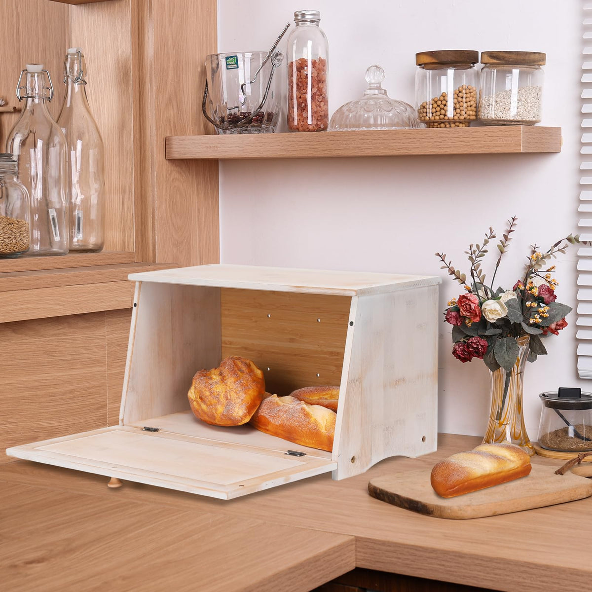 HOMEKOKO Vintage Large Wood Bread Box top-open view for easy access