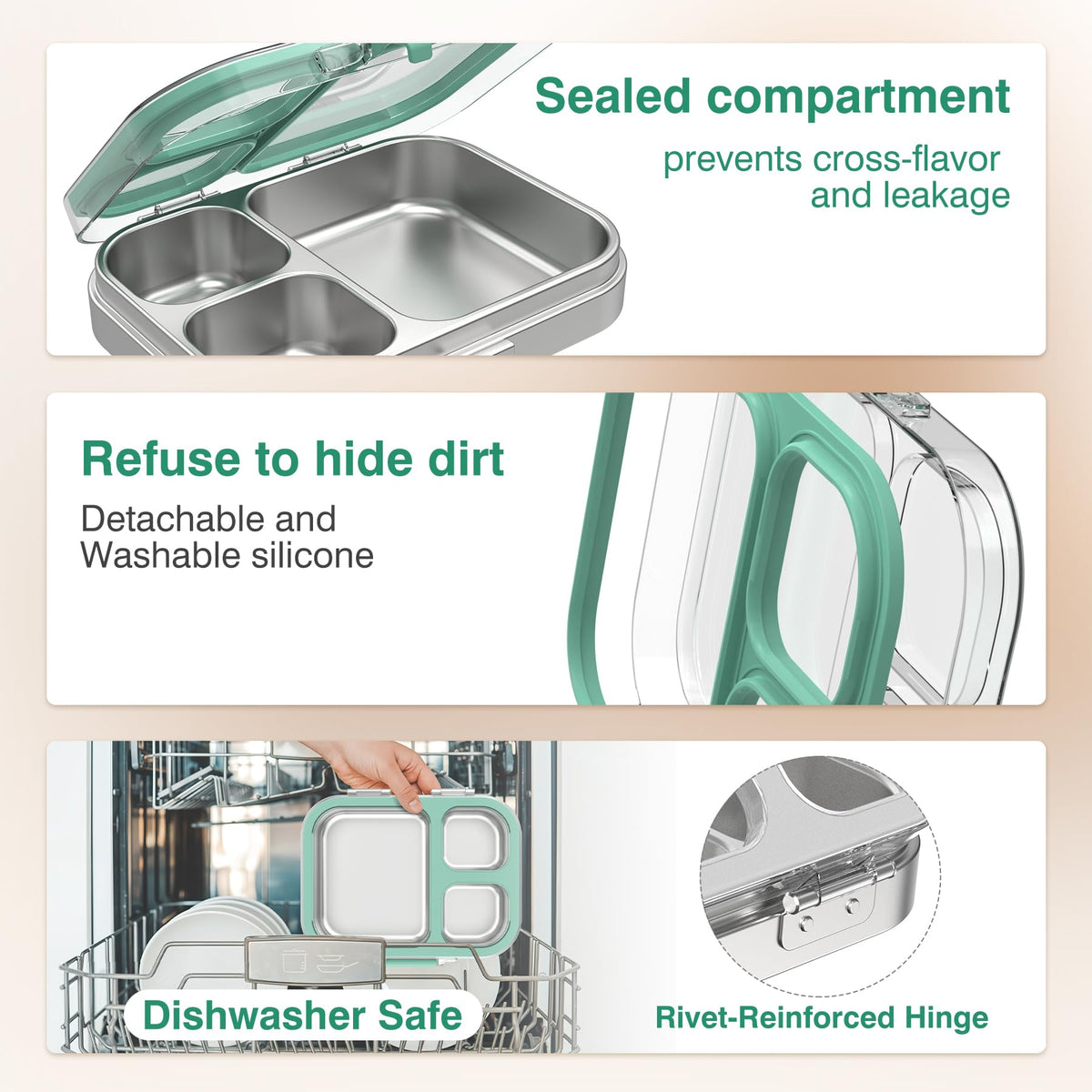 HOMEKOL stainless steel interior with clear lid ensures safe, visible meals.