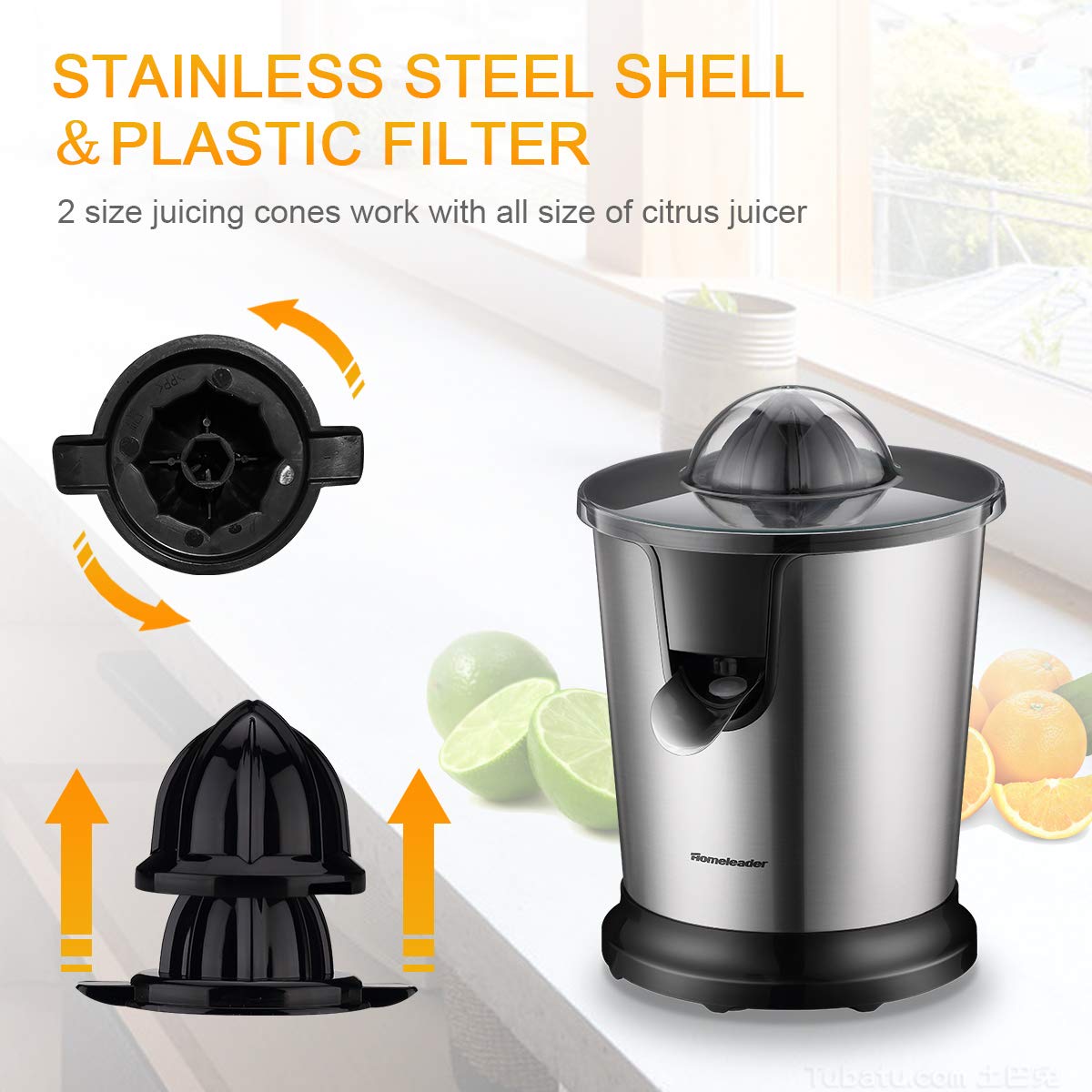 Efficient filtration in Homeleader juicer yields smooth, pit-free juice.