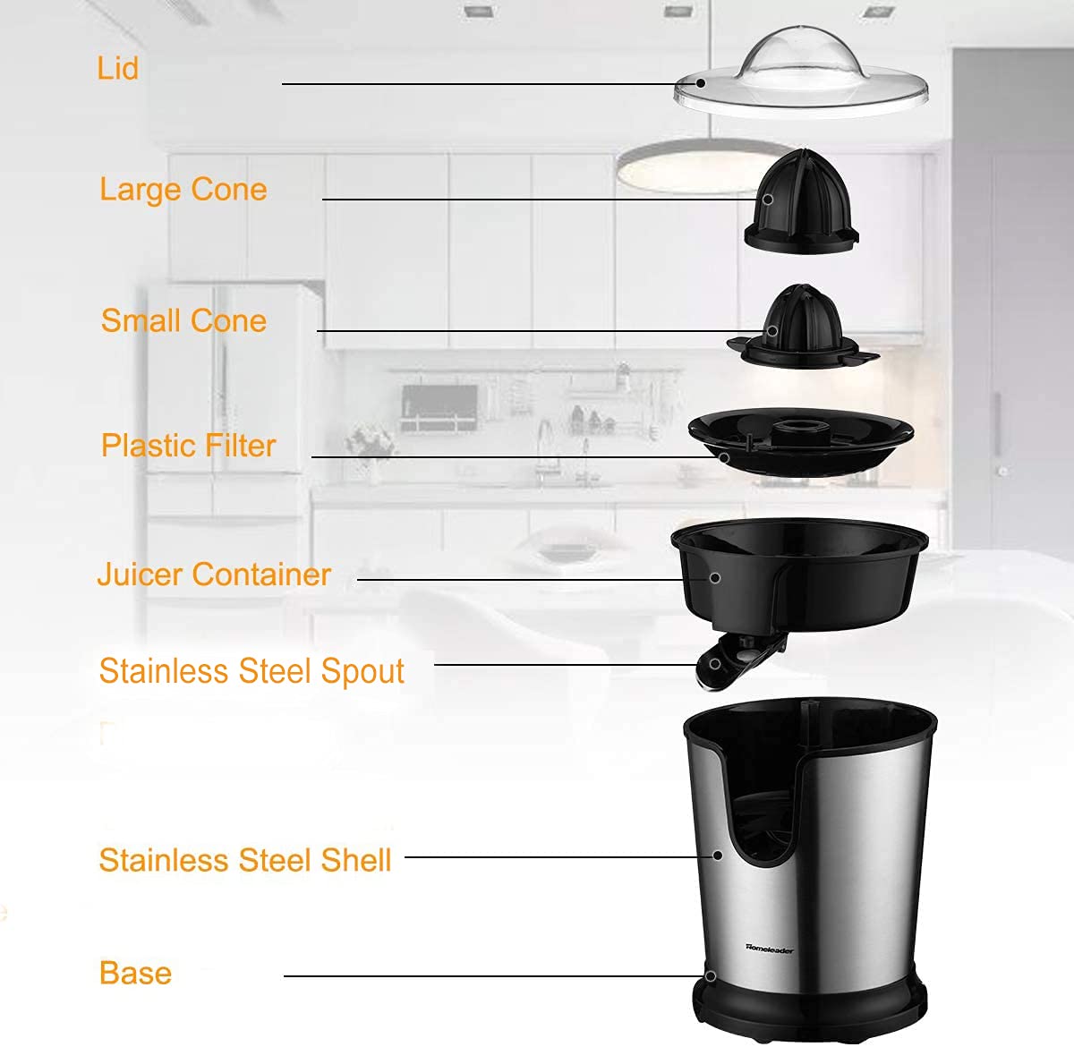 Two-cone setup on Homeleader juicer maximizes juice from oranges.