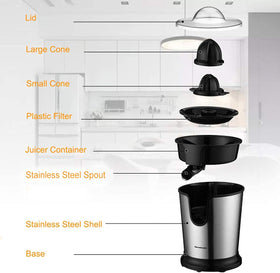 Two-cone setup on Homeleader juicer maximizes juice from oranges.