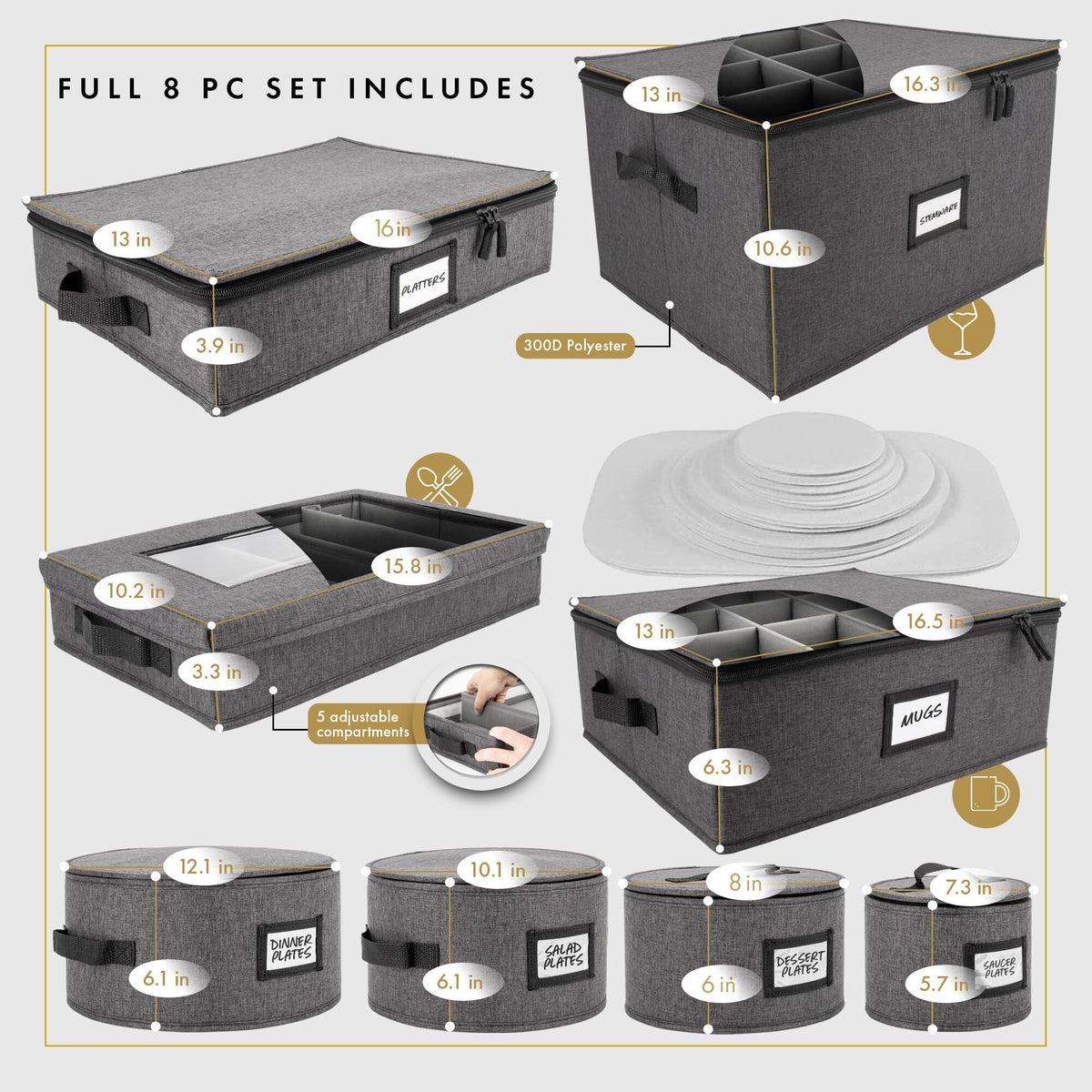HOMELUX THEORY plate storage compartments organized for dinnerware.