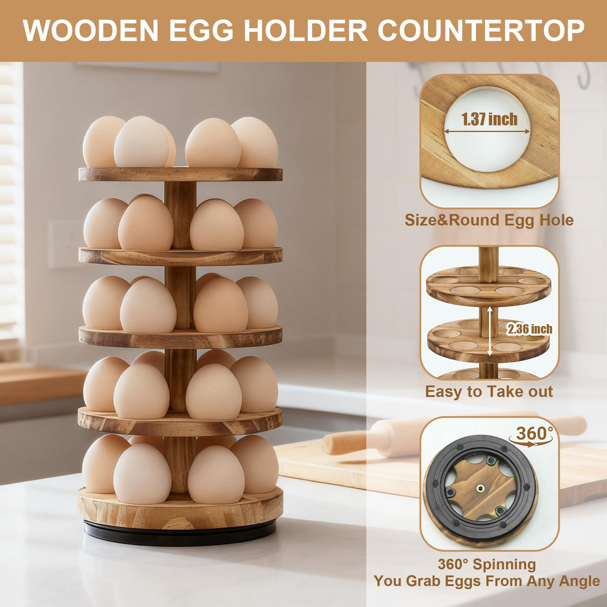 HOMELYSTBO pine egg rack is durable and stable for counter storage.