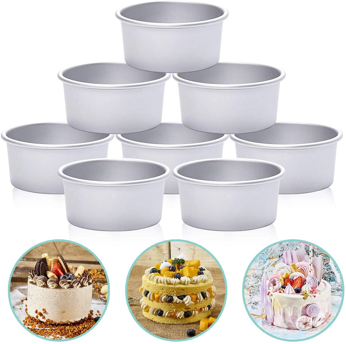 HomeMall 4-Inch round cake pan set for even baking on mini cakes.