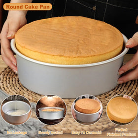 HomeMall aluminum round cake pans provide even heat for uniform baking.