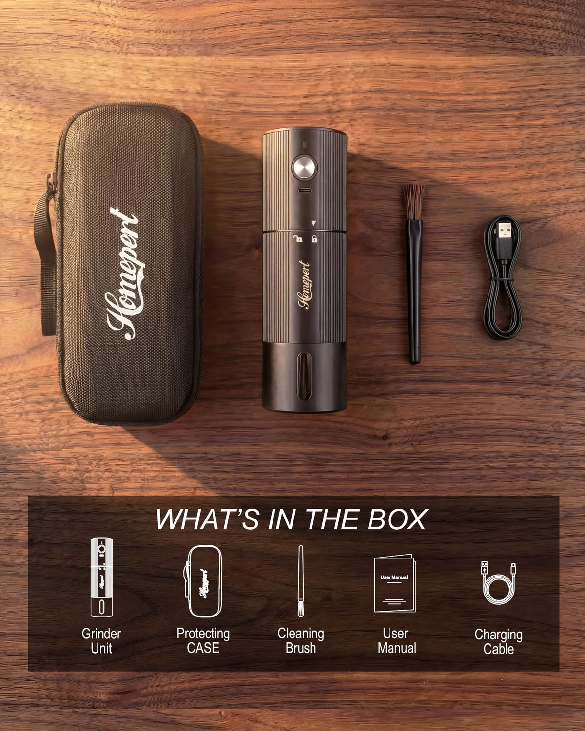 Homepert travel-case included for compact, on-the-go coffee grinding anywhere.