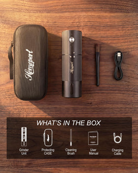 Homepert travel-case included for compact, on-the-go coffee grinding anywhere.
