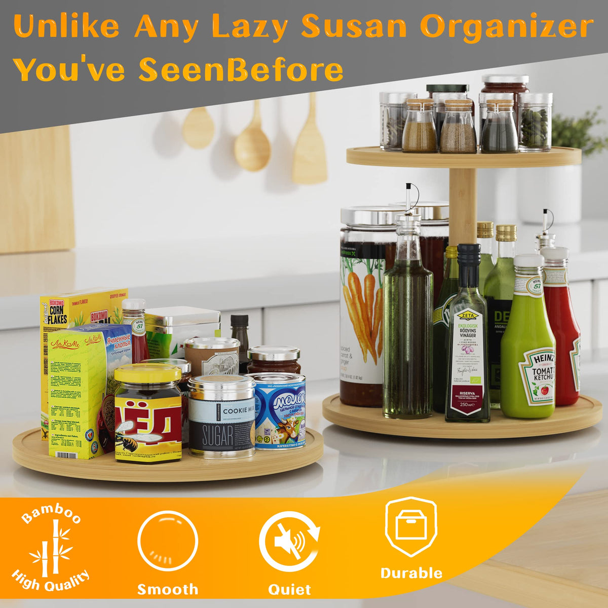 Homerays bamboo turntable on countertop provides quick access to spices and oils.