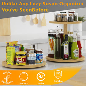 Homerays bamboo turntable on countertop provides quick access to spices and oils.