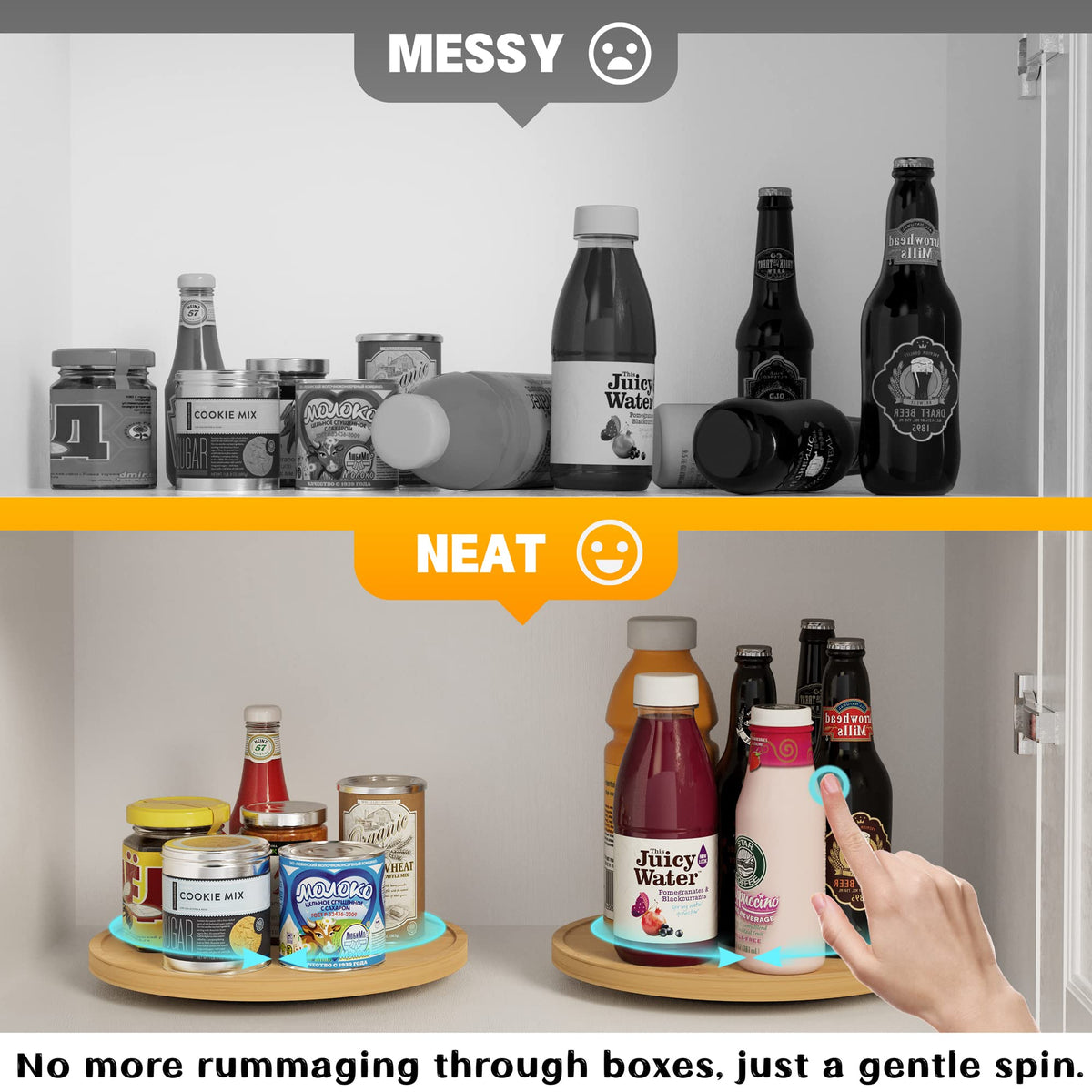 Homerays Lazy Susan corner cabinet access highlights smooth rotation for hard-to-reach spots.