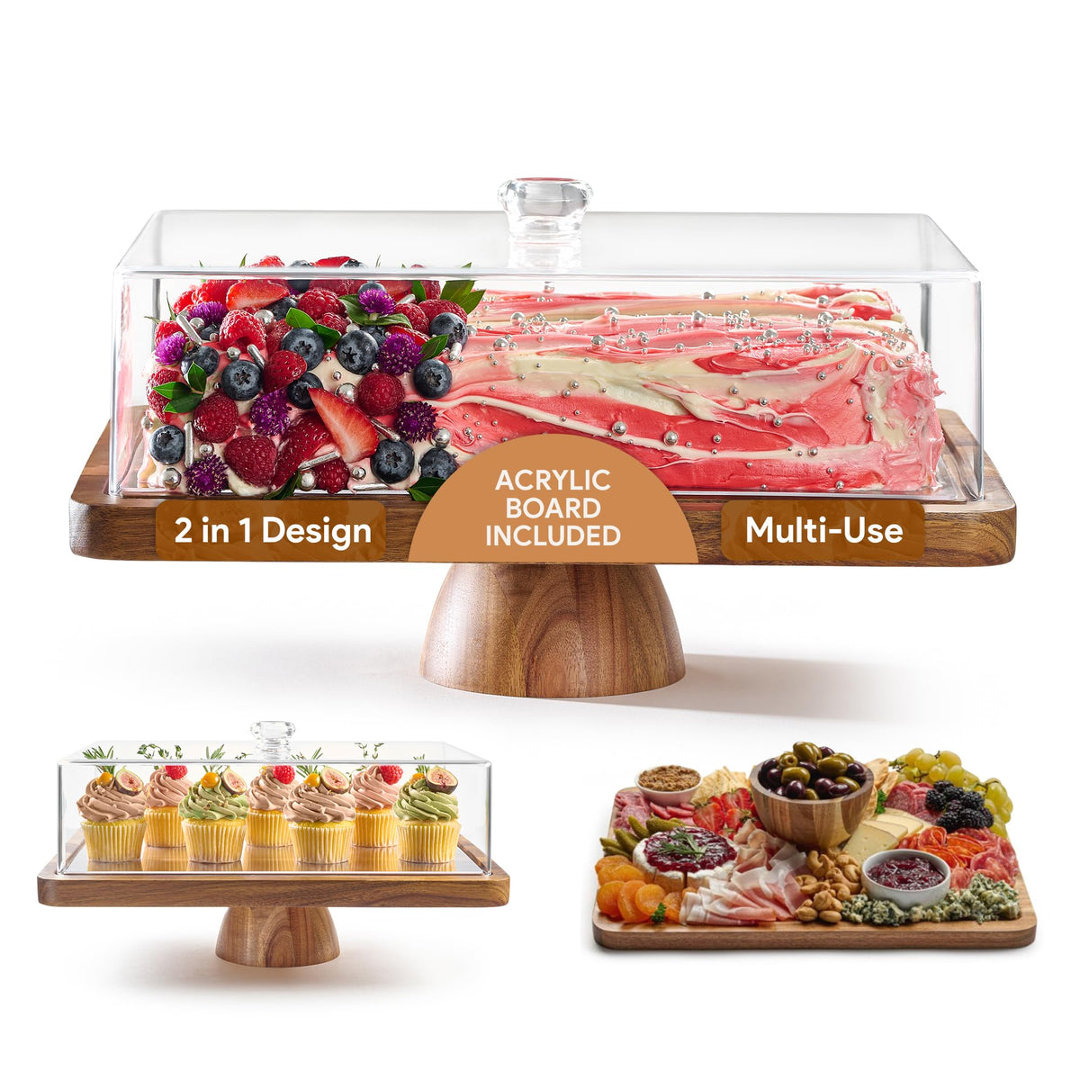 HOMESPHERE acacia wood cake stand with lid showcases desserts beautifully