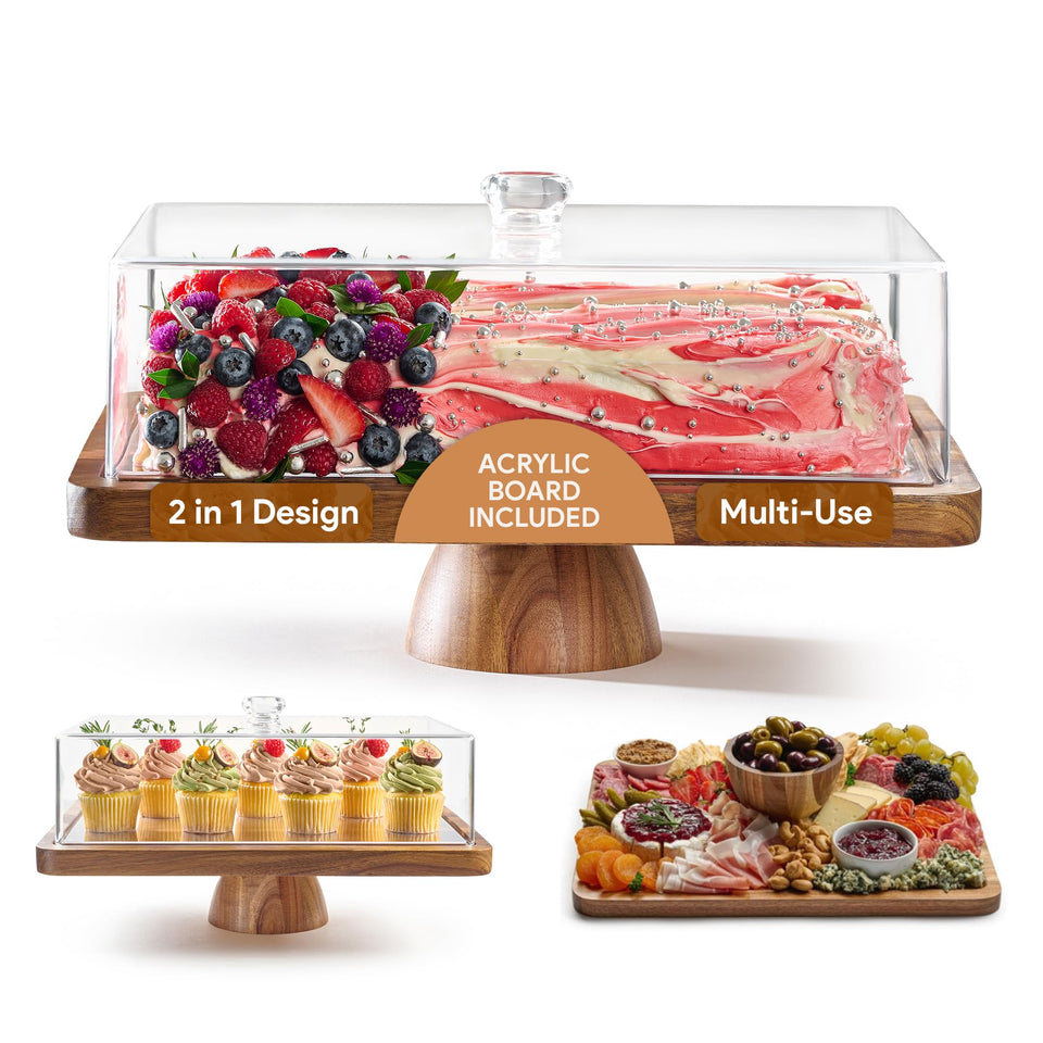 HOMESPHERE acacia wood cake stand with lid showcases desserts beautifully