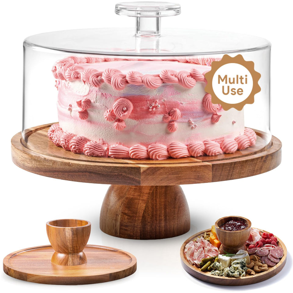 HOMESPHERE 12 inch acacia cake stand with lid for elegant display and freshness.