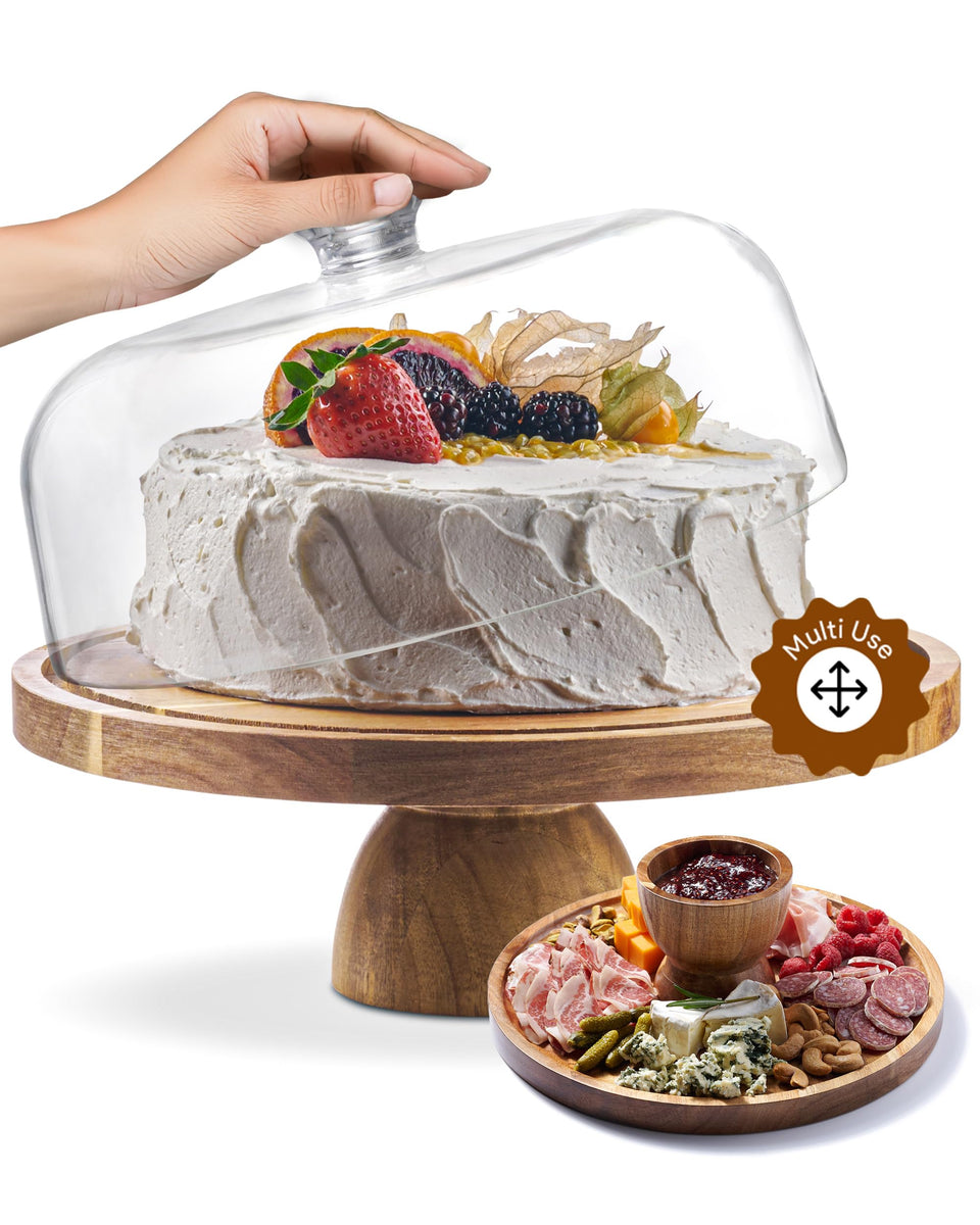 Homesphere acacia wood cake stand with lid showcases cakes securely and stylishly.
