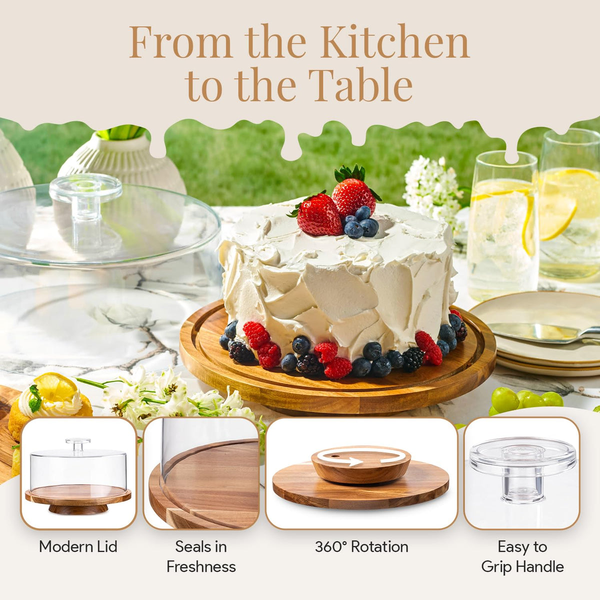 HOMESPHERE acacia wood stand blends durability with natural grain.