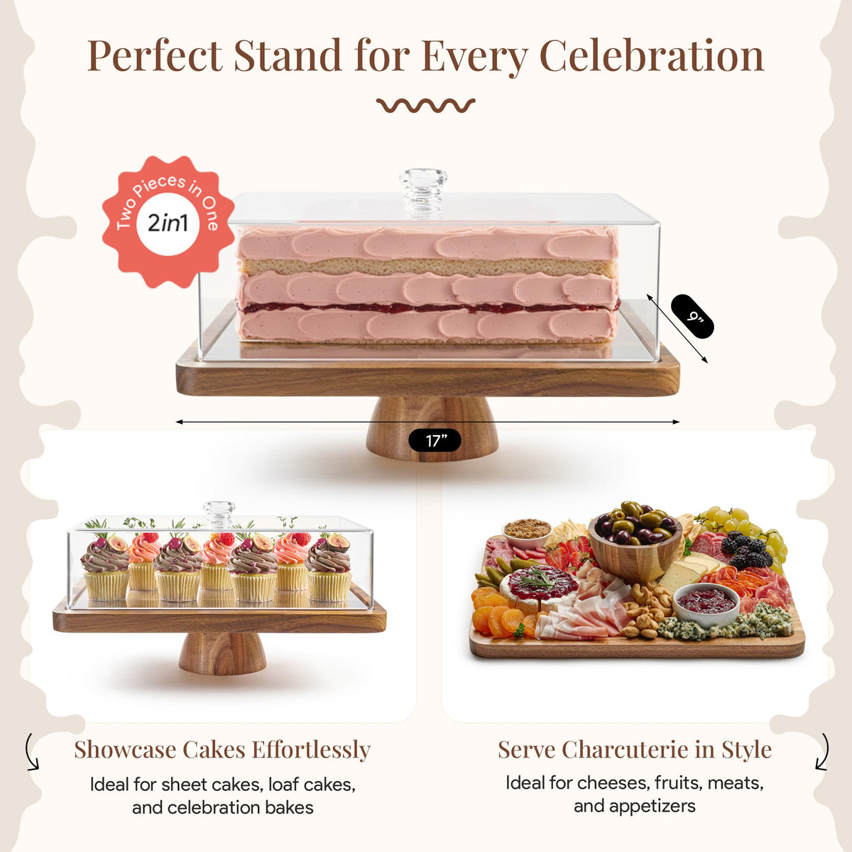 HOMESPHERE rectangular cake stand dome highlights secure display
