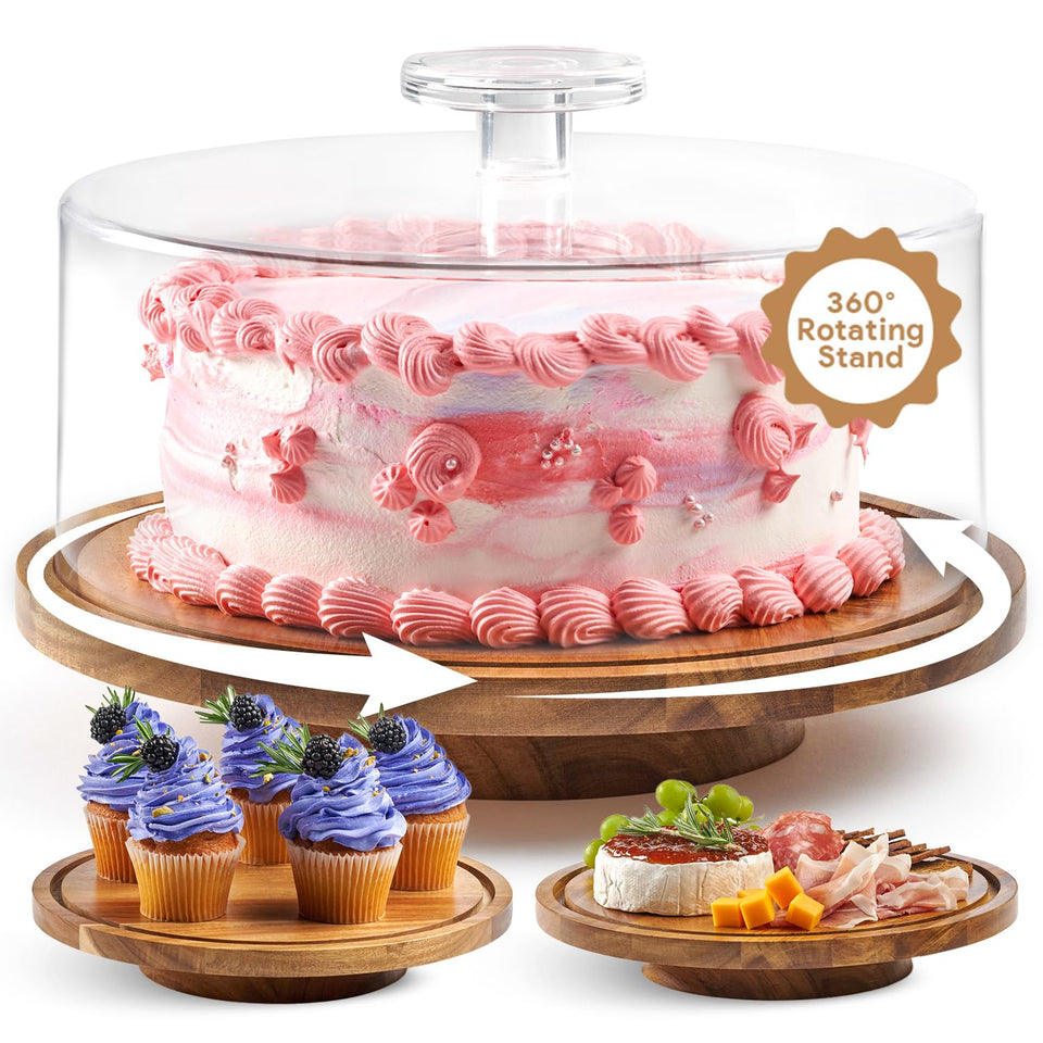 HOMESPHERE rotating cake stand with lid enables 360° access for easy decorating and display.