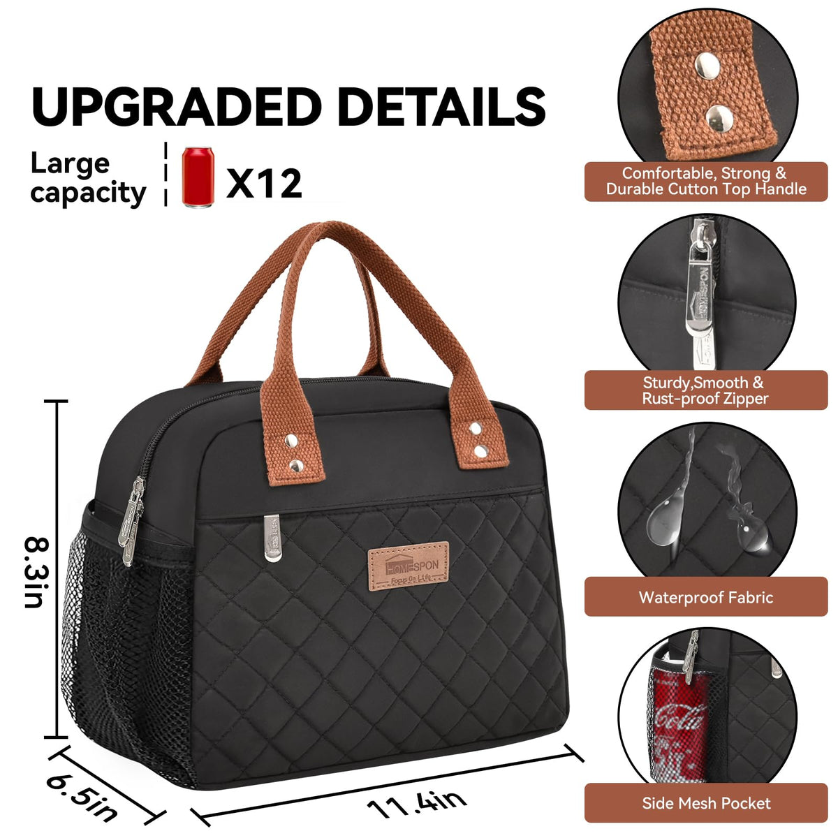 HOMESPON lunch bag side pockets for easy access to essentials.