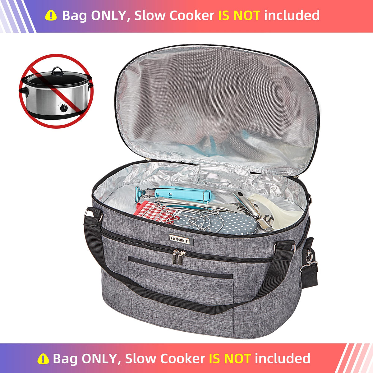 HOMEST slow cooker bag padded-strap offers comfortable carry to gatherings.