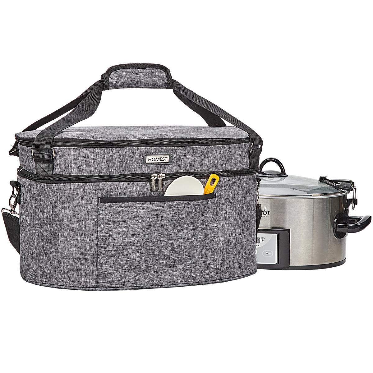 HOMEST slow cooker bag top-compartment for easy packing and organization.