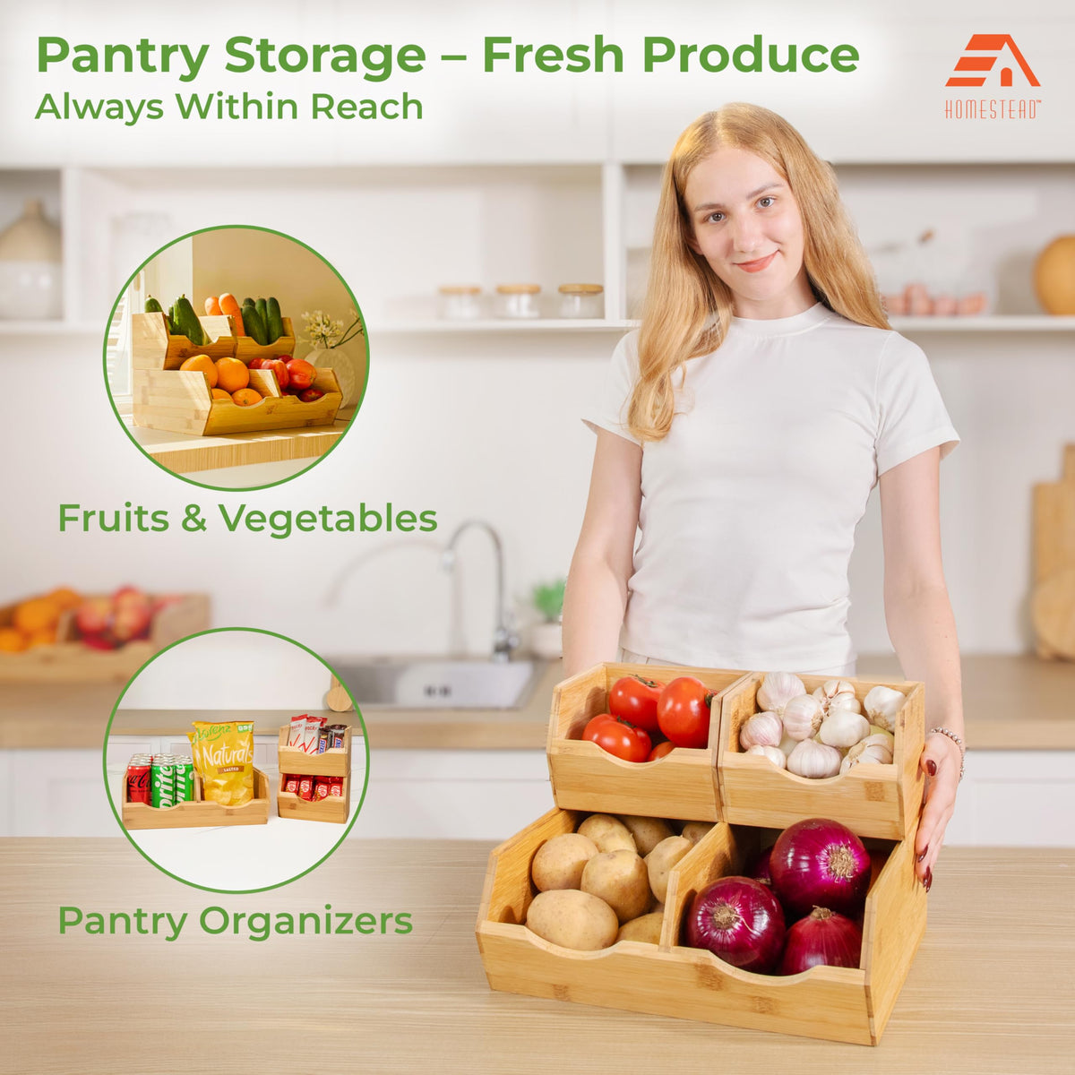 HOMESTEAD potato storage bin keeps tubers organized and accessible.