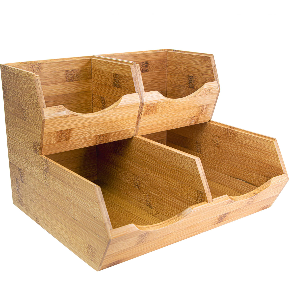 HOMESTEAD Bamboo pantry bin on a shelf keeps produce organized and visible.