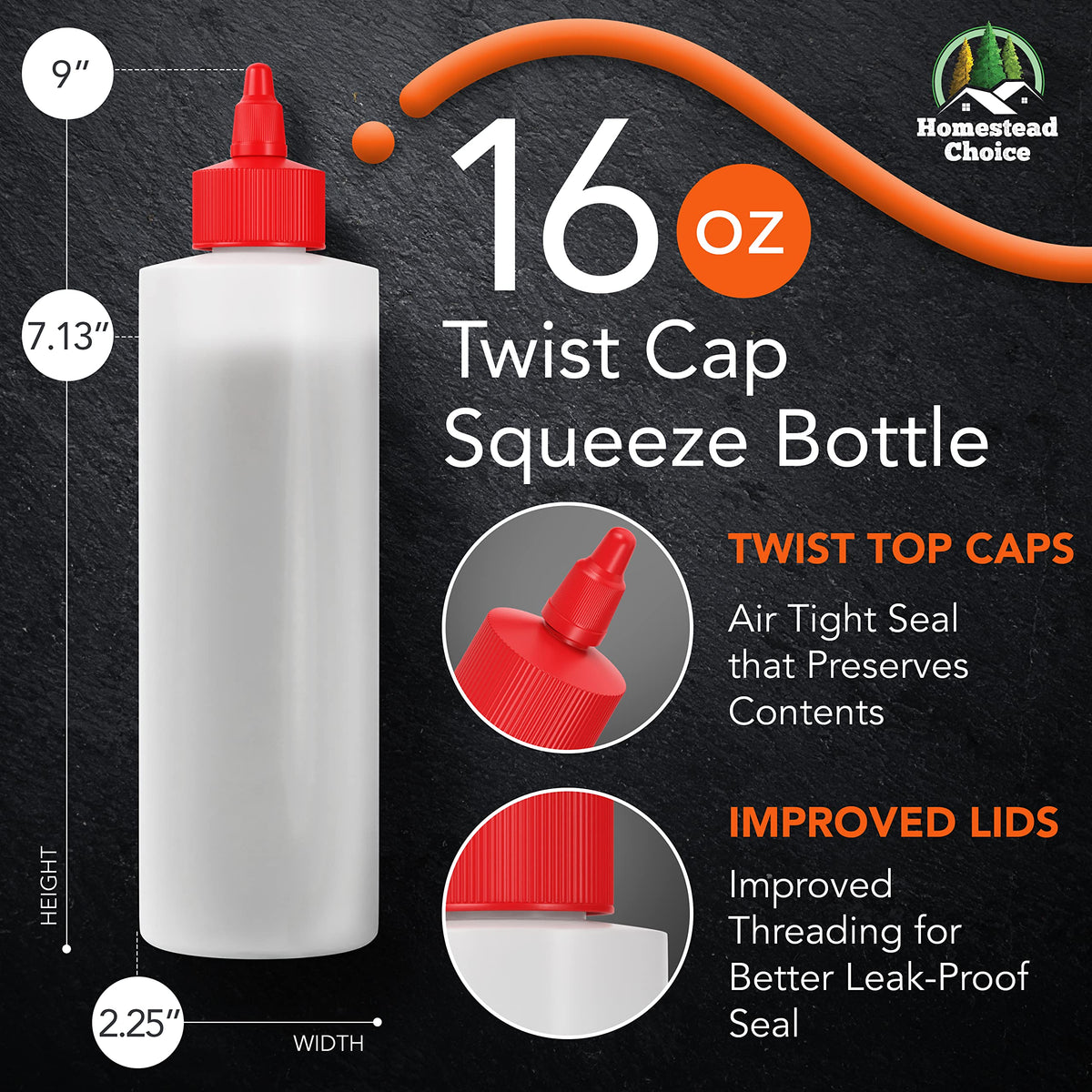 Homestead Choice 16oz condiment bottles ideal for sauces, syrups, and oils.