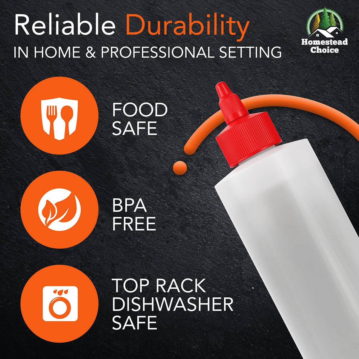Homestead Choice BPA-free squirt bottles for safe daily kitchen use.