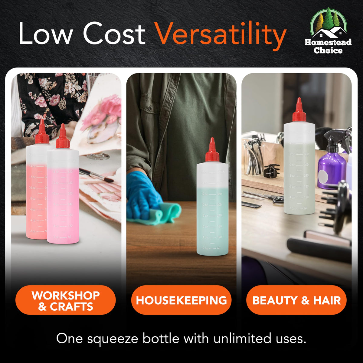 Homestead Choice reusable squeeze bottles, easy to wash and long-lasting.